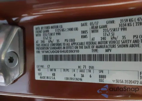 2017 Ford Escape Se из США, поврежденный, VIN 1FMCU0G91HUE09310